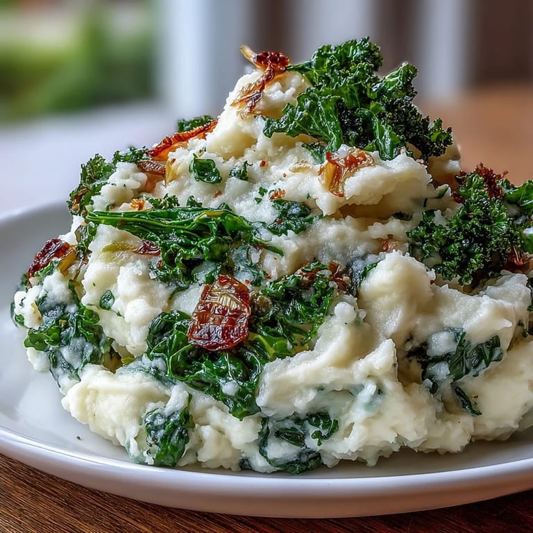 Golden mashed potatoes blended with tender leeks, topped with crunchy roasted kale for a hearty Irish-inspired side dish.