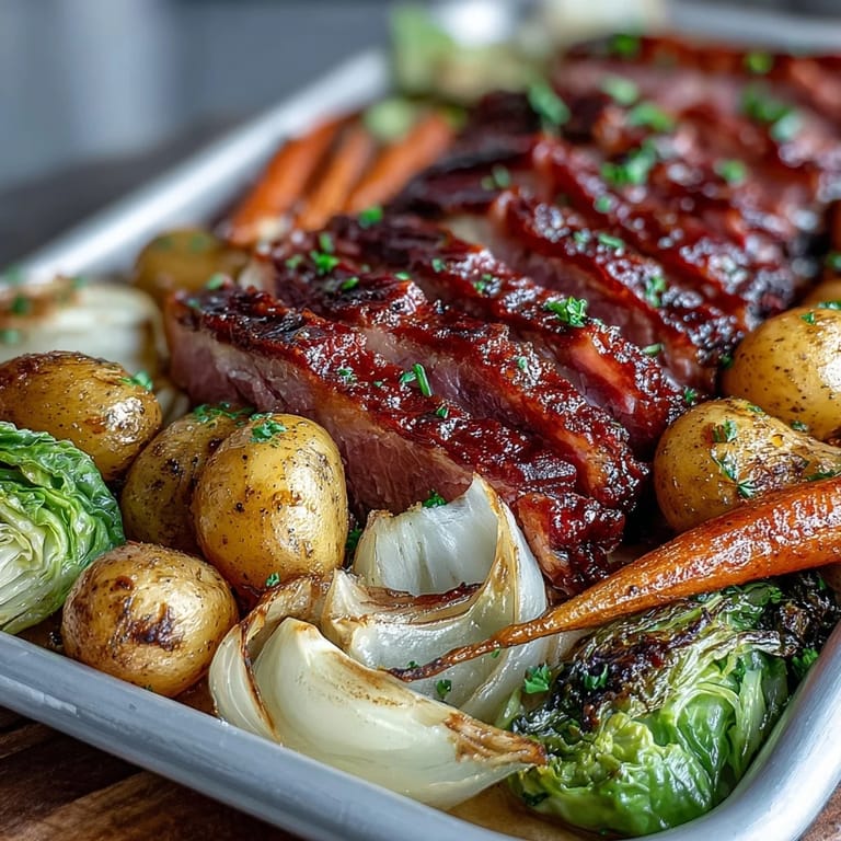 A one-pan meal featuring juicy corned beef slices nestled among caramelized cabbage wedges, baby potatoes, and sweet roasted carrots.  