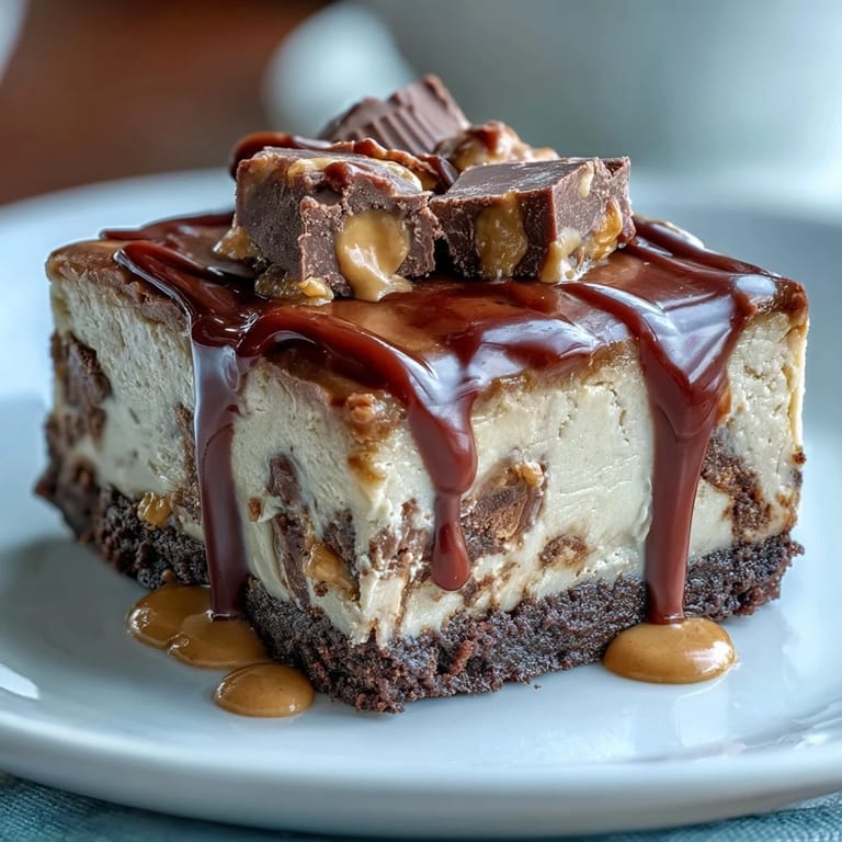 Decadent cheesecake bars loaded with peanut butter cups, drizzled with melted peanut butter and chocolate chips for an indulgent dessert.  