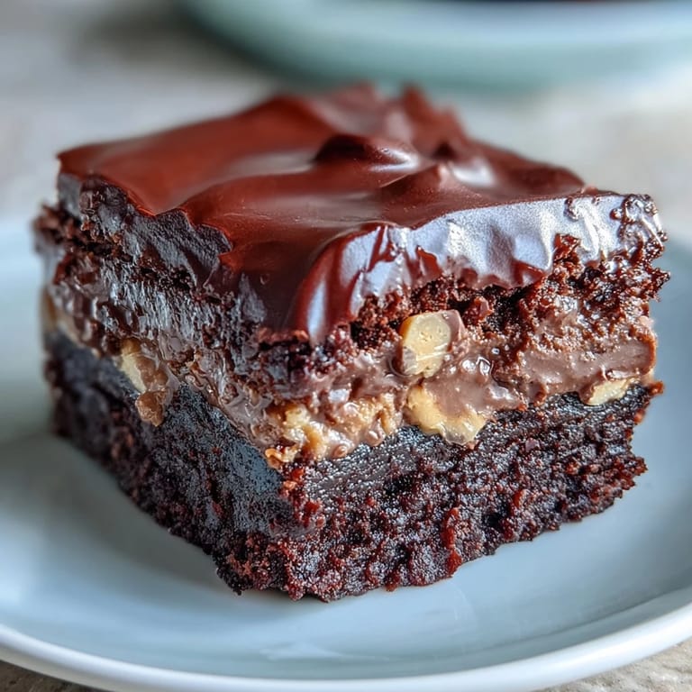 Peanut butter cup stuffed brownies with a glossy top, cut into squares and served warm for ultimate indulgence.