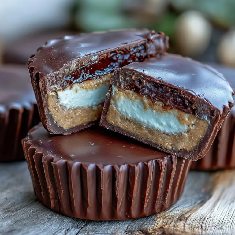 Rich dark chocolate peanut butter cups filled with tangy Greek yogurt and topped with a smooth protein boost, ideal for fitness lovers.