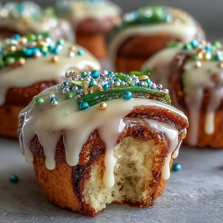 Cinnamon-swirled Mini King Cake Cupcakes with Colored Sugar are drizzled with sweet vanilla glaze and topped with traditional Mardi Gras colors for a fun, handheld dessert.