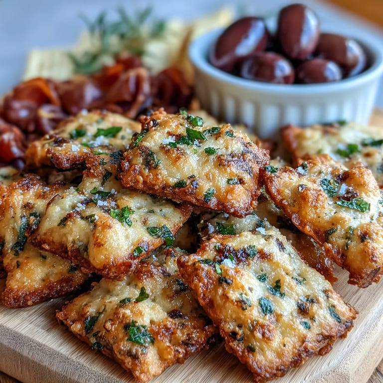 A close-up view of freshly baked Garlic Parmesan Sourdough Cheez-Its.