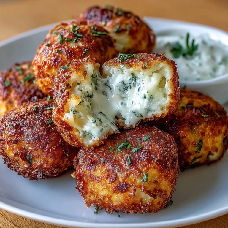 Air-fried funeral potatoes croquettes with creamy cheddar filling and golden-brown crust, perfect for a savory appetizer or side.  