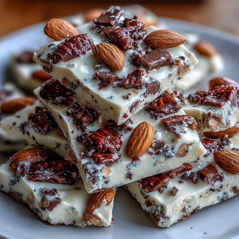 No-bake Greek yogurt bark featuring cottage cheese, almond flour, and chocolate chips for a healthy dessert.