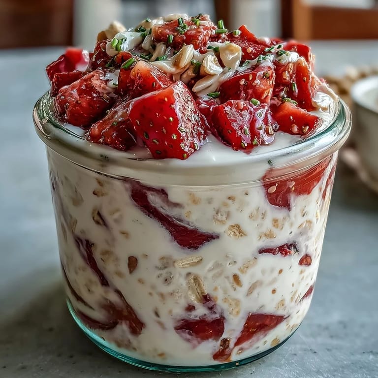 Creamy overnight oats with vanilla protein and chia seeds, layered with juicy strawberries and served chilled for a nourishing, protein-rich morning meal.