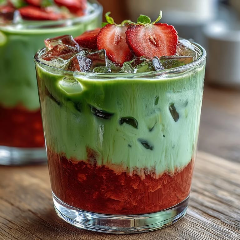 Refreshing strawberry matcha latte with homemade purée, ceremonial matcha, and rich coconut milk—perfect for warm weather sipping.