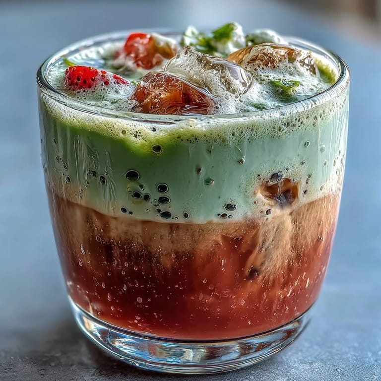 This beautiful vegan latte features sweet strawberry puree, earthy matcha, and a luscious oat milk foam for a refreshing café-style treat.