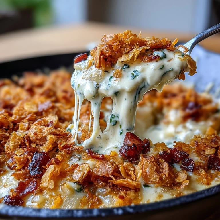 Hearty breakfast skillet loaded with creamy cheese sauce, diced ham, and crunchy cornflake topping for a satisfying morning meal.