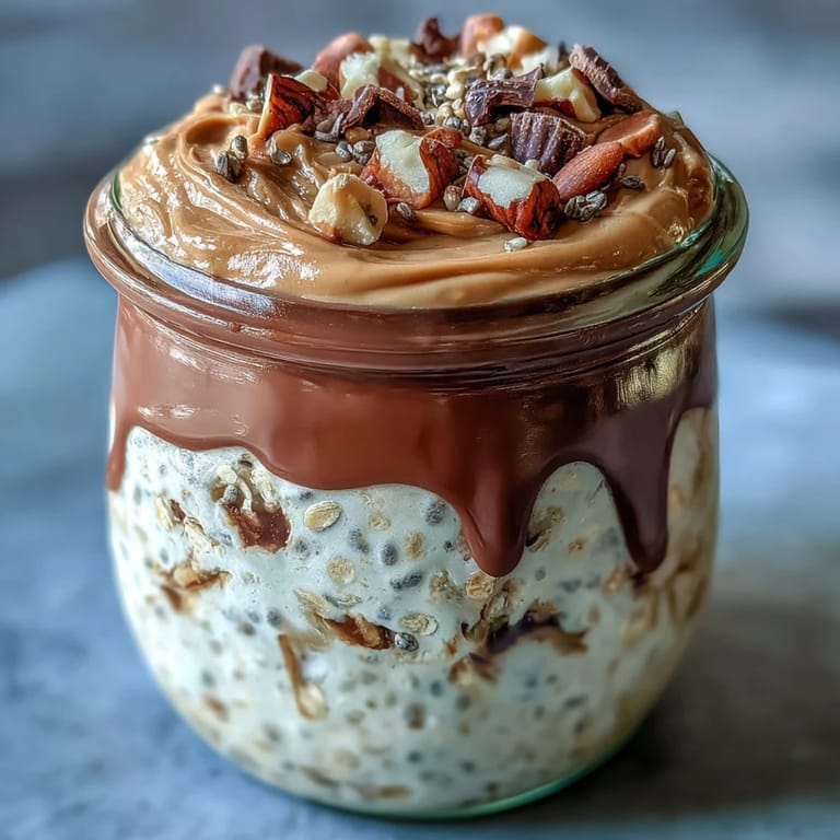 Decadent peanut butter cup overnight oats in a glass jar, featuring creamy oats, cocoa drizzle, and crunchy roasted peanuts.