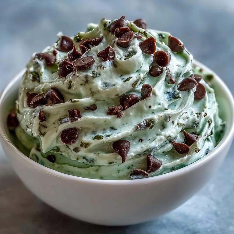 Fluffy green mint dip studded with mini chocolate chips, ready to serve with sweet dippers for a fun holiday dessert.