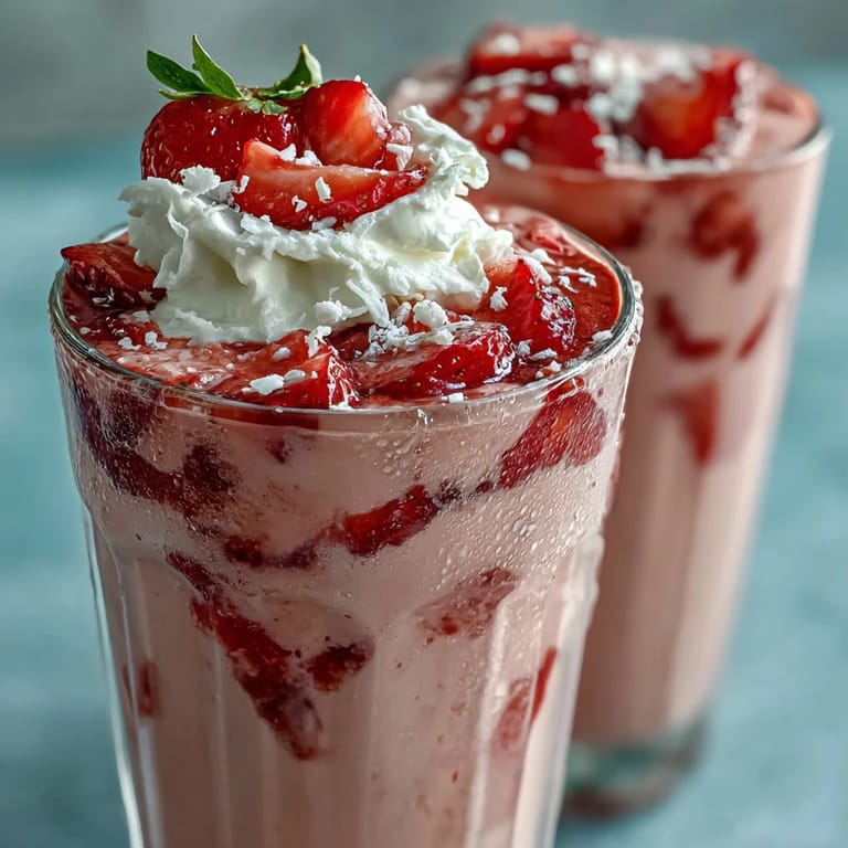 A thick, frosty strawberry shortcake protein smoothie blended with Greek yogurt and vanilla protein powder, perfect for breakfast or post-workout recovery.