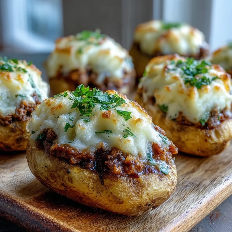 Comforting shepherds pie reimagined in baked potato form, featuring rich meat filling and buttery mashed potato topping.