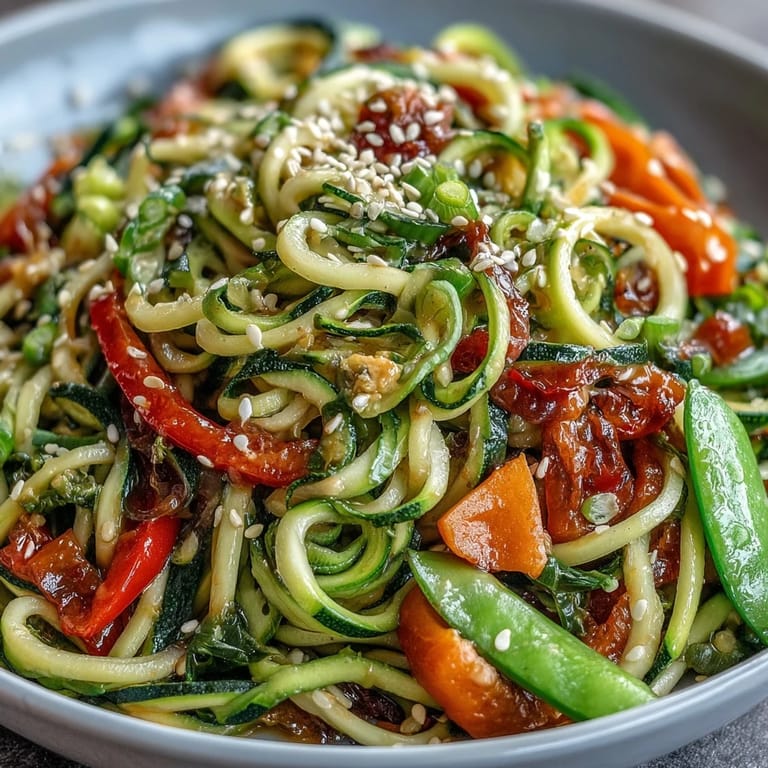Quick and colorful Healthy Easy Zucchini Noodle Stir Fry, featuring fresh zucchini noodles, bell peppers, and snap peas tossed in a light Asian-inspired sauce.  