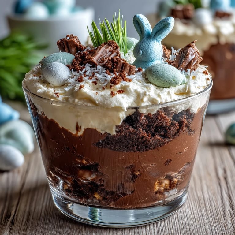 Kid-friendly Easter dessert featuring layers of creamy chocolate pudding, cookie crumble dirt, and adorable bunny Peeps, ideal for springtime fun.