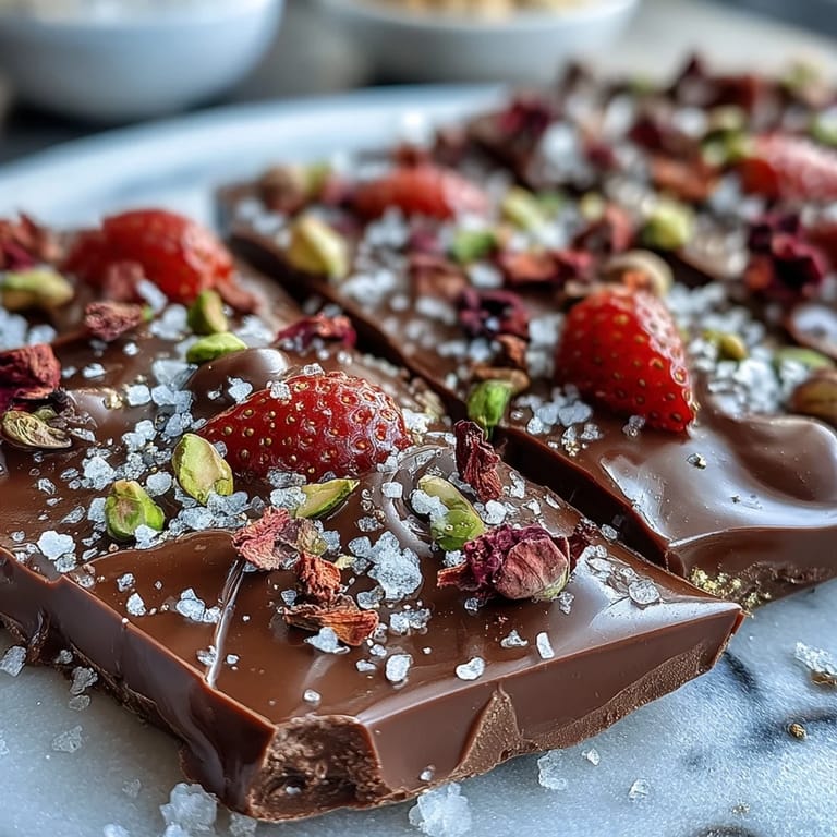 Decadent dark chocolate bark featuring freeze-dried strawberries, rose petals, and pistachios for a Middle Eastern twist.