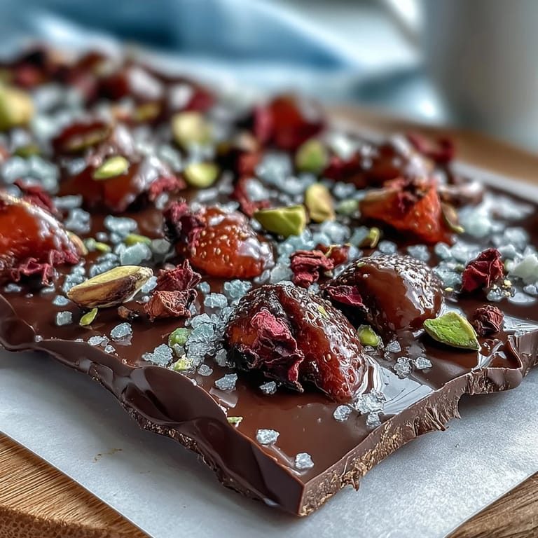 Luxurious Dubai-inspired chocolate bark with rich dark chocolate, pistachios, rose petals, and edible gold leaf garnish.