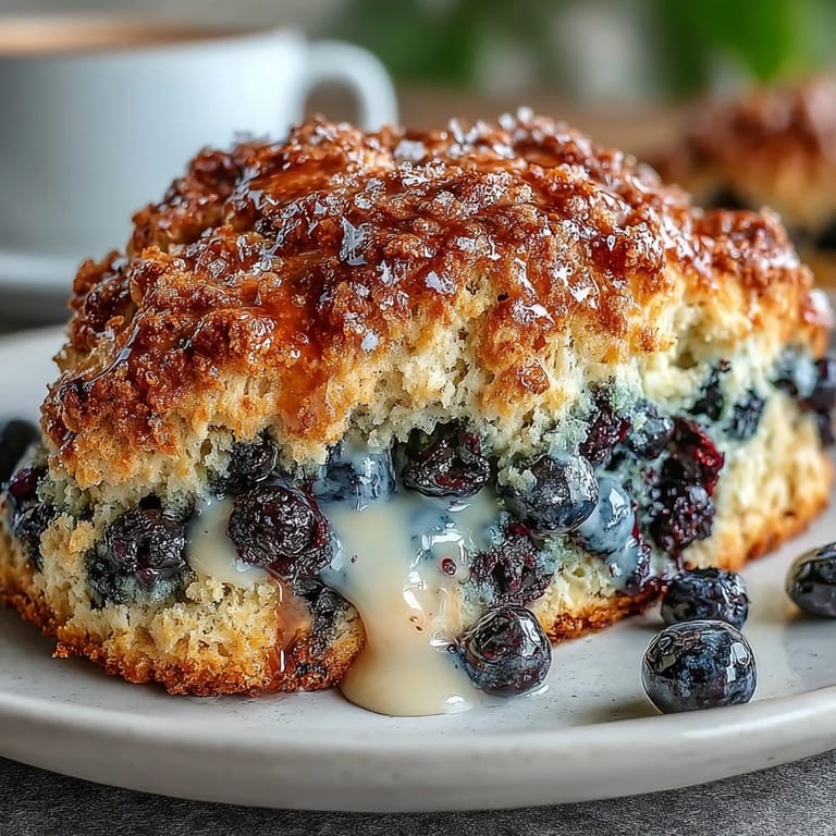 Flaky homemade blueberry scones made with tangy sourdough discard, bursting with juicy fruit and topped with sparkling sugar.  