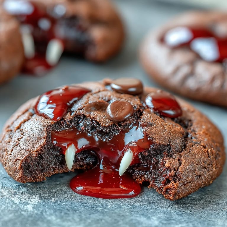 Rich, fudgy chocolate cookies topped with playful candy fangs and dramatic red icing, perfect for Halloween parties.  