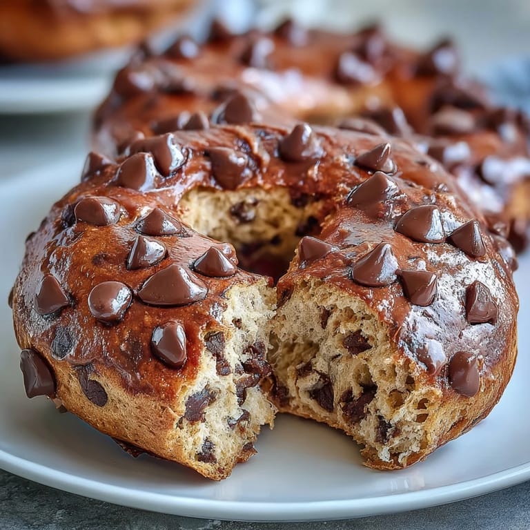 Protein-packed chocolate chip bagels with a shiny egg-washed top, offering a delicious balance of sweet and savory flavors in every bite.