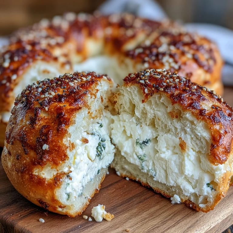 High-protein cottage cheese bagels shaped into classic rings, brushed with egg wash and topped with crunchy seeds for a hearty breakfast.  