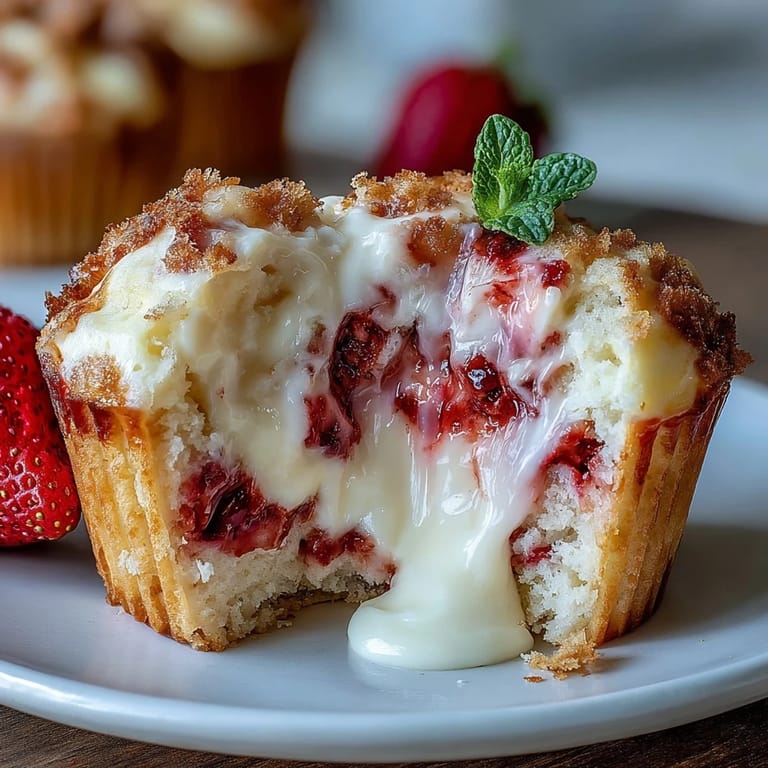 Fresh strawberry cream cheese muffins topped with coarse sugar, perfect for a sweet and satisfying breakfast treat.  