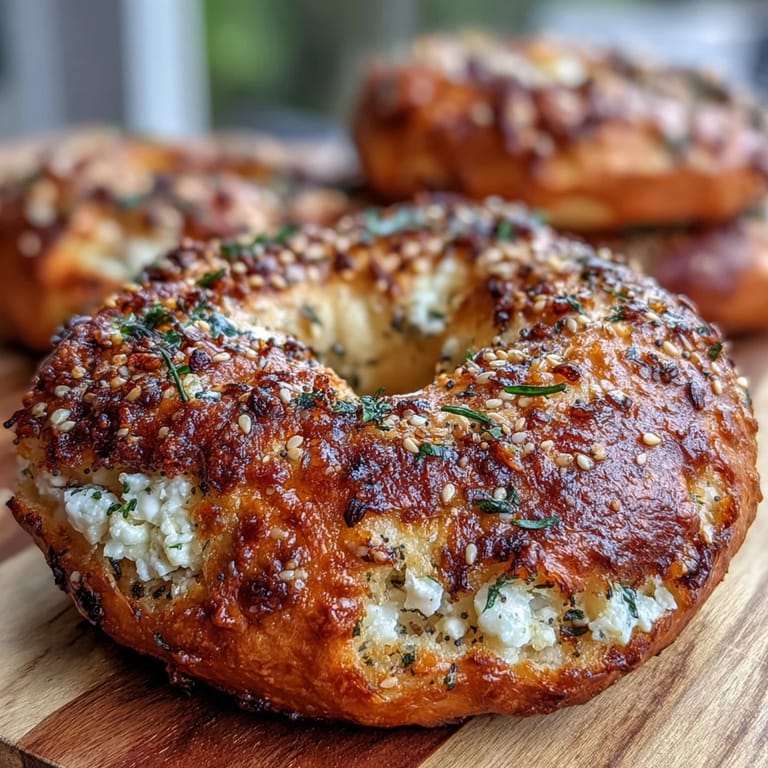 High-protein bagels made with Greek yogurt, brushed with egg wash, and generously sprinkled with savory everything seasoning.  