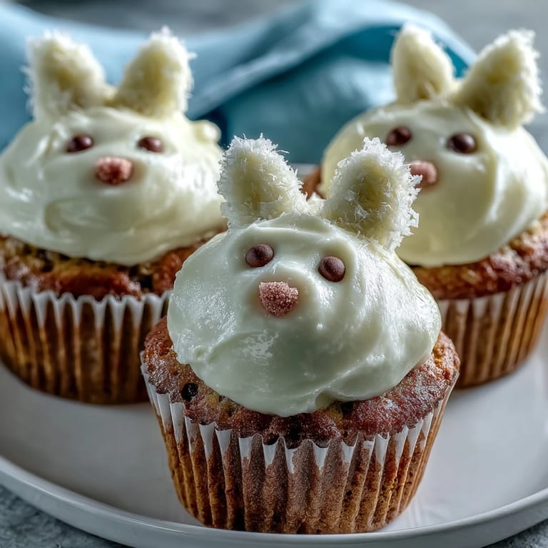 Moist spiced carrot cake cupcakes decorated as cute bunnies, topped with cream cheese frosting, candy eyes, and pink marshmallow ears.