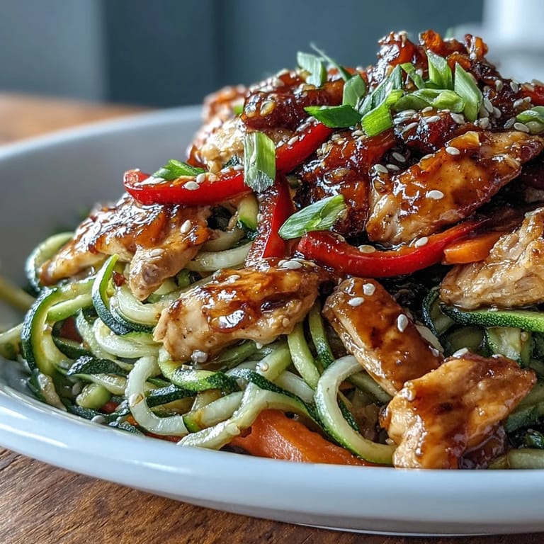Low-carb zucchini noodles tossed with juicy chicken, crunchy bell peppers, and carrots in a light, flavorful stir fry.