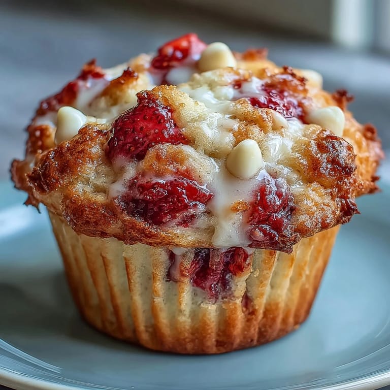 Golden-topped muffins filled with diced strawberries and white chocolate chips, perfect for a fruity breakfast or snack.