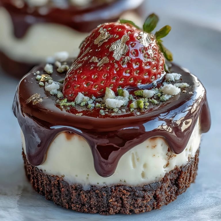 Luxurious mini cheesecake cups featuring a rich chocolate biscuit base, smooth cheesecake, and vibrant strawberry garnish.