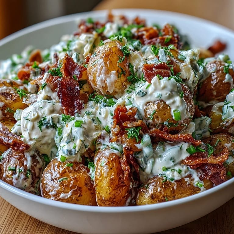 Hearty BBQ baby shower potato salad with smoky bacon, tangy dressing, and shredded cheddar, served chilled and garnished with scallions.  