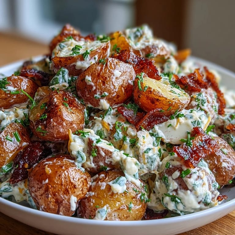 Crowd-pleasing loaded potato salad featuring roasted baby potatoes, creamy BBQ sauce, crisp bacon, and sharp cheddar, ideal for celebrations.