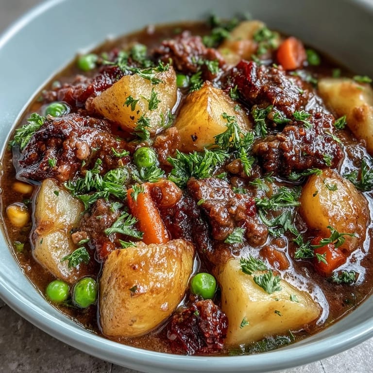 Creamy Shepherds Pie Soup featuring tender ground beef, mixed vegetables, and potatoes simmered in rich, flavorful broth.