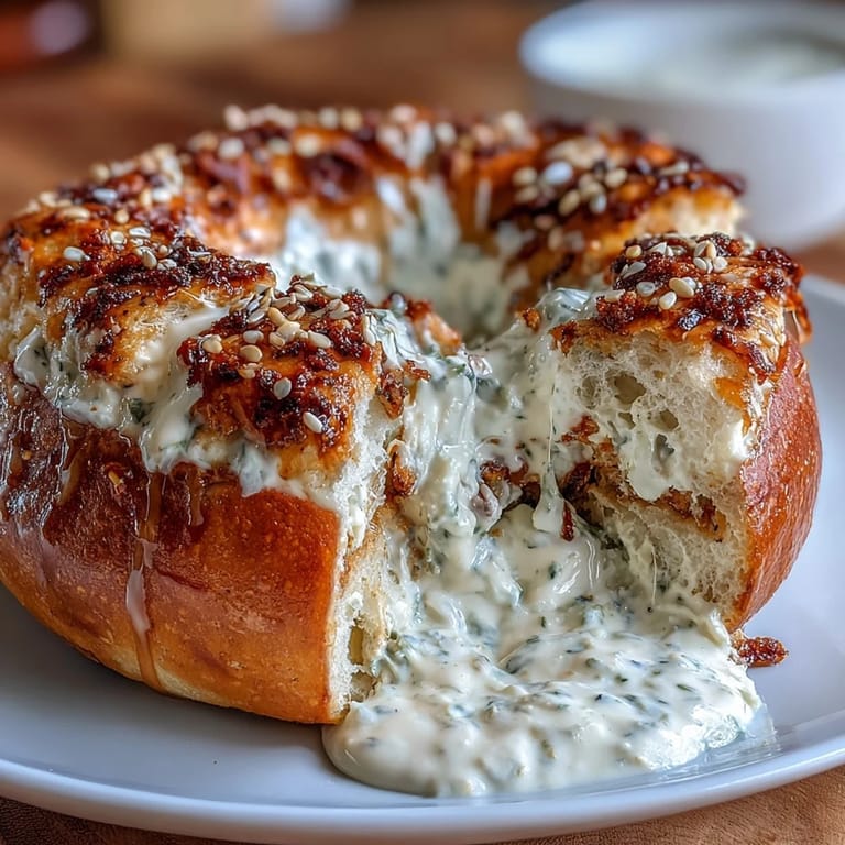 Golden baked high-protein bagels paired with tangy Greek yogurt everything dip, perfect for a protein-packed breakfast.