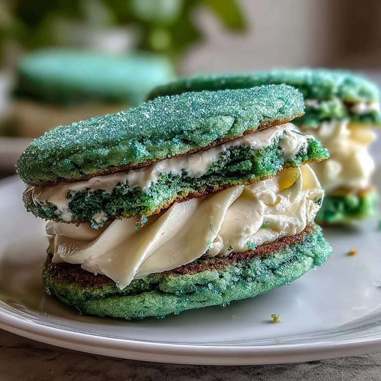 Vibrant green sugar cookies with sparkling sugar crust, filled with smooth vanilla frosting for St. Patricks Day.
