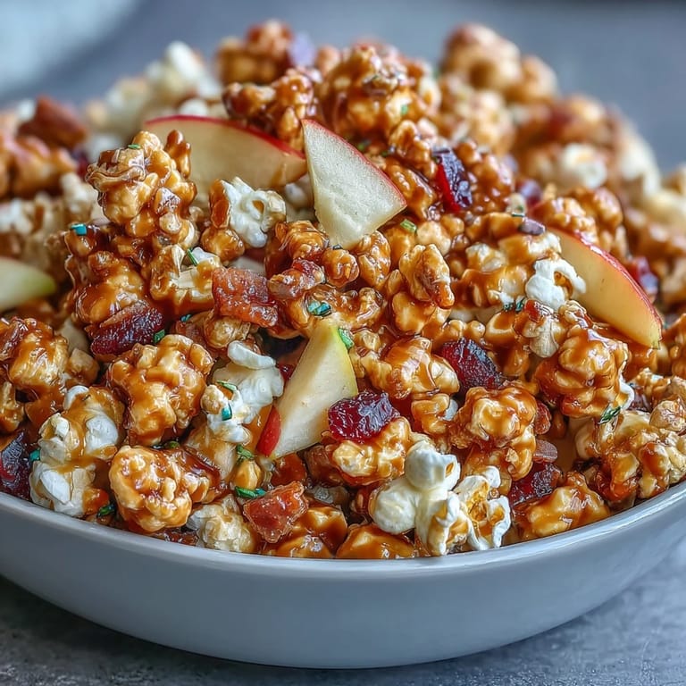 Sweet caramel-coated popcorn mixed with tart dried apples and vibrant candy-coated chocolates for a festive snack.  