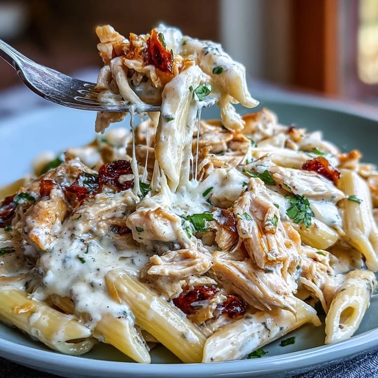 Slow-cooked Creamy Mississippi Chicken Pasta featuring ranch-seasoned chicken, pepperoncini, and penne in a velvety, cheesy cream sauce.