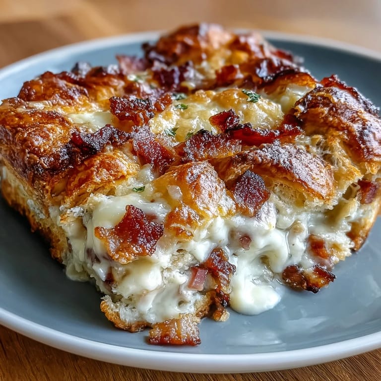Savory ham and Swiss croissant casserole layered with buttery croissants, smoky ham, and creamy egg custard, baked until golden and bubbling.