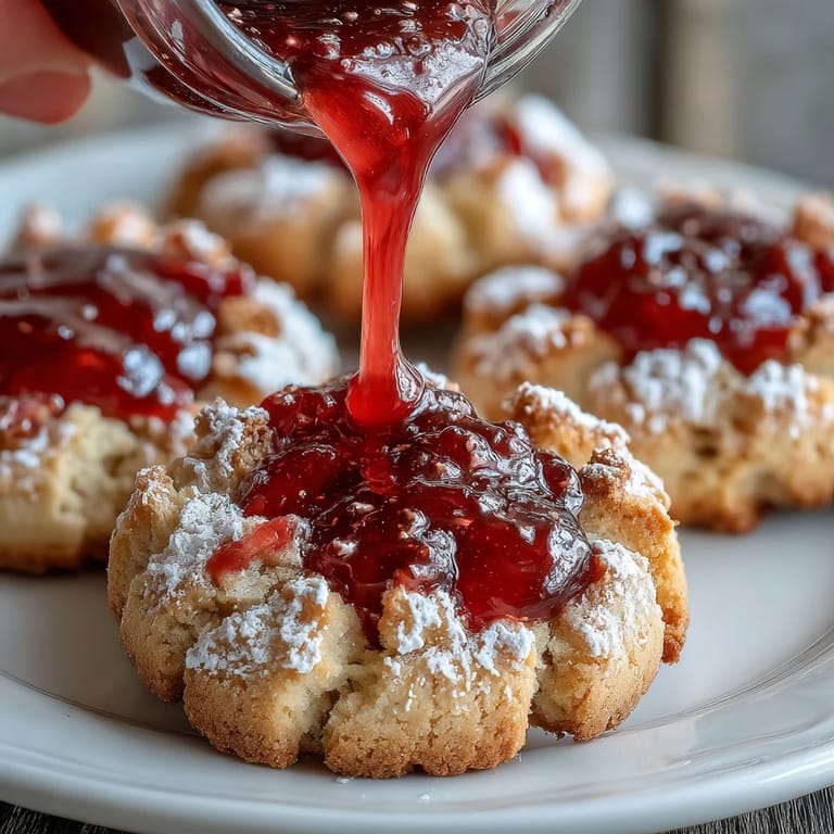 Buttery thumbprint cookies filled with bright homemade strawberry jam, offering a delightful balance of sweet and tart.  