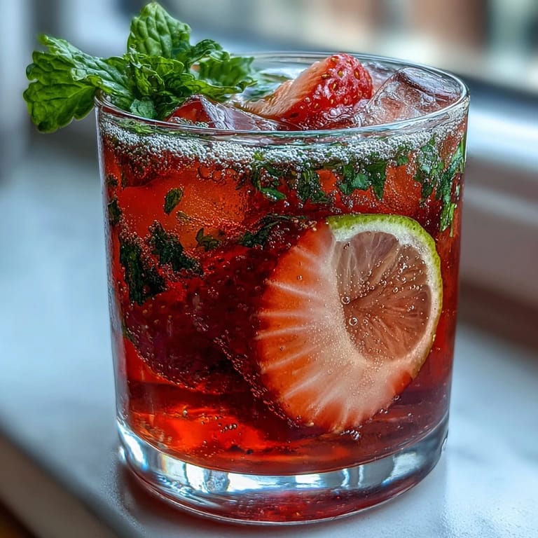 Refreshing strawberry lemon sparkling mocktail served over ice with lemon slices and whole strawberries for a festive touch.