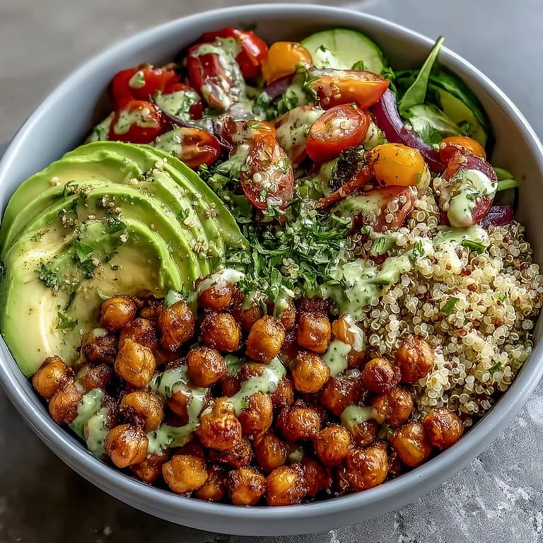 Roasted chickpea and quinoa bowls drizzled with zesty lemon dressing, topped with colorful veggies and fresh parsley.  