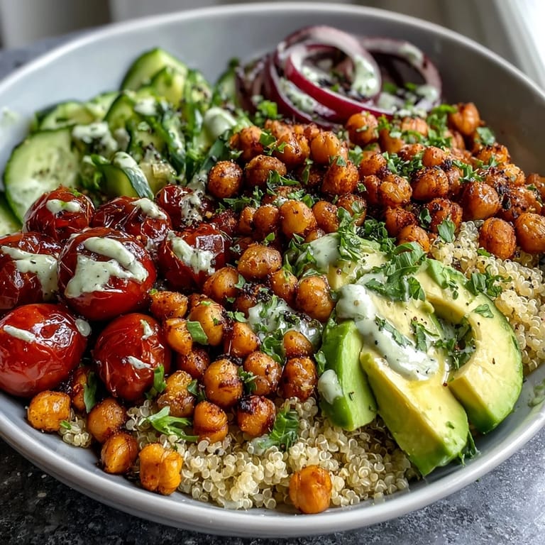 Fresh lemon vinaigrette grain bowls featuring crispy chickpeas, creamy avocado, and crisp vegetables for a satisfying vegetarian dish.