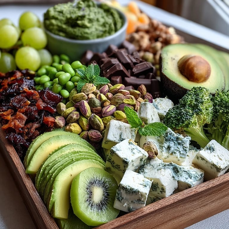 St. Patricks Day Green Food Board featuring fresh green apple slices, crisp cucumber, and creamy avocado dip for a healthy snack spread.