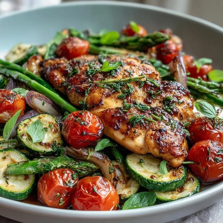 Vibrant spring sheet pan chicken with zucchini and cherry tomatoes for an easy one-pan meal.