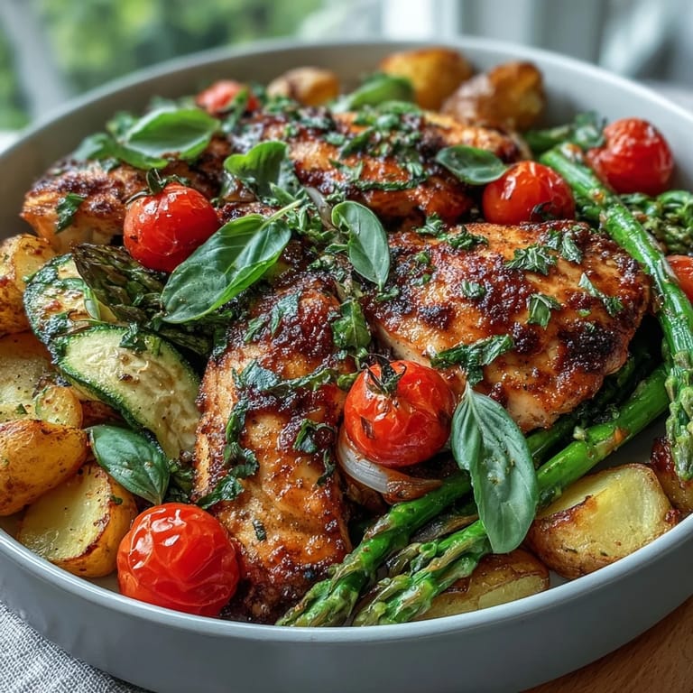 Tender chicken, zucchini, and cherry tomatoes roasted together for a flavorful and healthy sheet pan dinner.