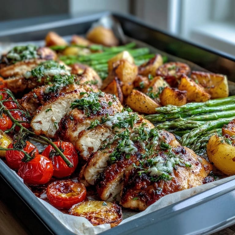 Healthy sheet pan chicken recipe with tender chicken breasts and crisp spring veggies in a zesty lemon marinade.