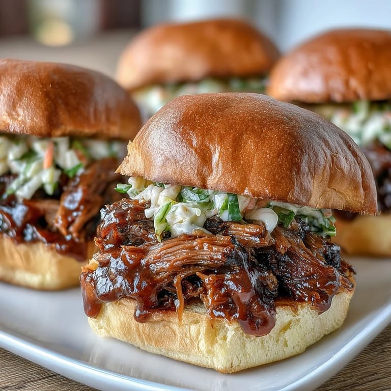 Tender beef brisket shredded and tossed in rich BBQ sauce, served on warm slider buns with crisp coleslaw.