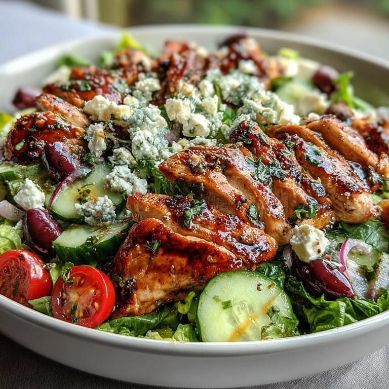 Fresh and healthy Greek salad bowl with grilled chicken, colorful veggies, tangy feta, and savory marinated chicken for a satisfying meal.  
