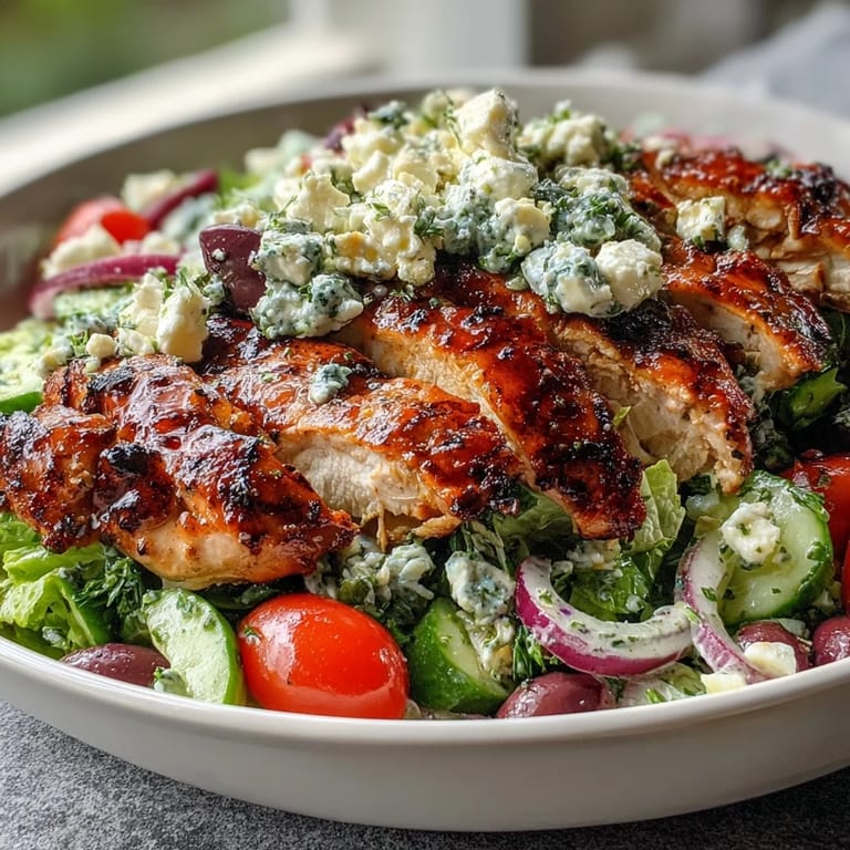 Classic Greek salad bowl with grilled chicken, featuring fresh vegetables, Kalamata olives, feta cheese, and tender, lemon-herb marinated chicken.